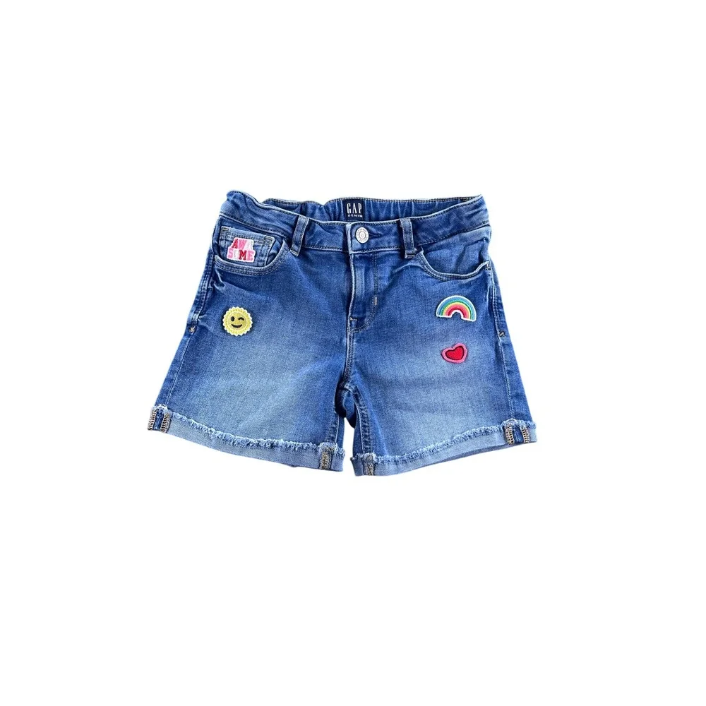Gap Kids Girls Blue Patch Denim Stretch Midi Shorts Size 8 Medium Wash Frayed
